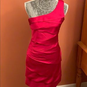 Red one shoulder cocktail dress